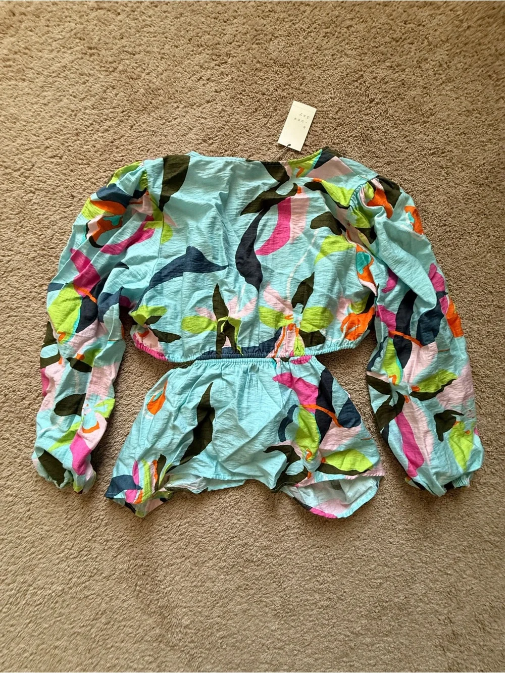 a new day Blue Tropical Print Tie-Front Blouse - Picture 4 of 4